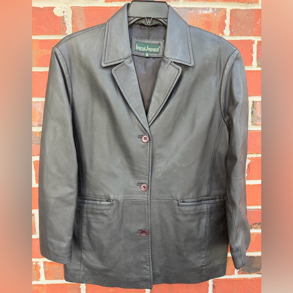 Vintage Harve Benard by Bernard Holtzman Womens 3-Button Black Leather Jacket M2